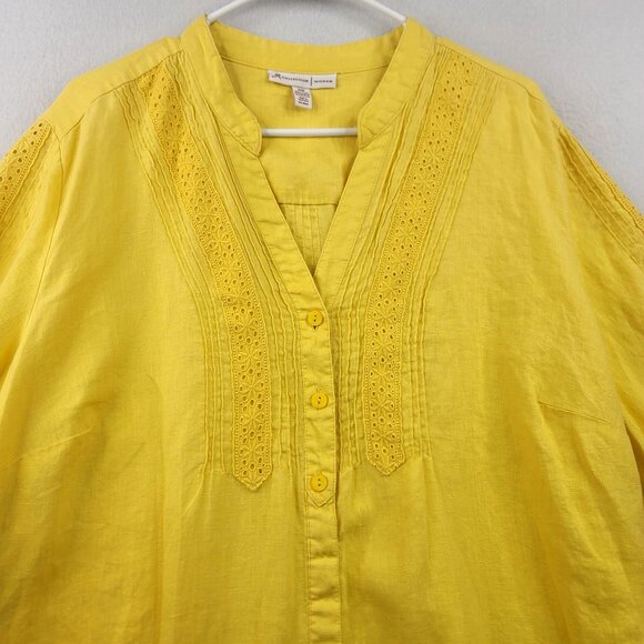JM Collection Butter Yellow Linen Button-Up Embroidered Details Plus Size 22W - Picture 2 of 13